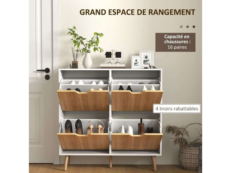  Meuble à chaussures 4 abattants 16 paires avec étagère réglable pieds en bois de pin 95 x 26 x 95 cm naturel  - Conforama D