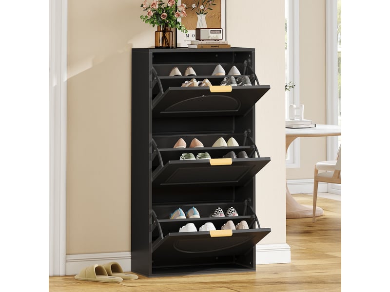  Meuble à chaussures - 60x24x114cm - meuble d'entrée étroit avec 3 abattants, séparateurs réglables, anti-basculement - noir mat  - Conforama D