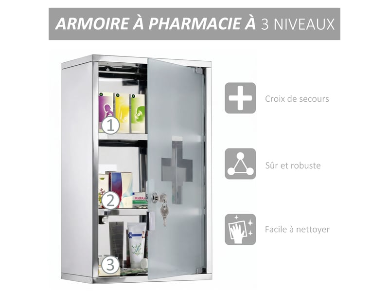  Armoire à pharmacie murale à 3 niveaux en acier inoxydable avec verrouillable porte en verre avec 2 clés  - Conforama R