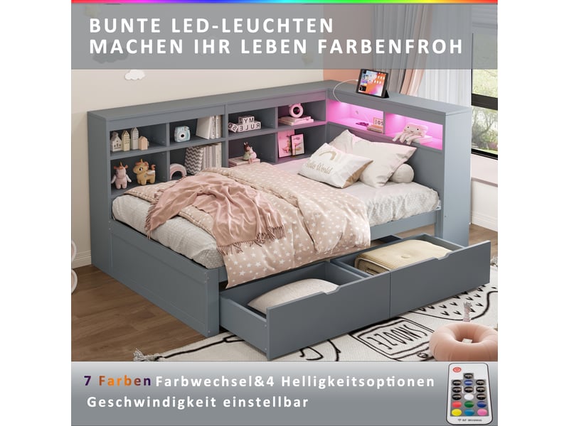 Lit coffre 90x200 cm avec rangements, led et usb, pin gris, sans matelas - Conforama D