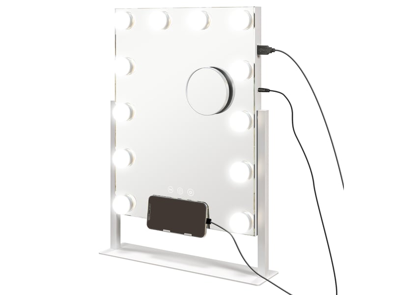 Miroir hollywood avec led 12 ampoules, luminosité réglable, rotation à 360°, grossissement 10x, blanc, touche tactile - Conforama B