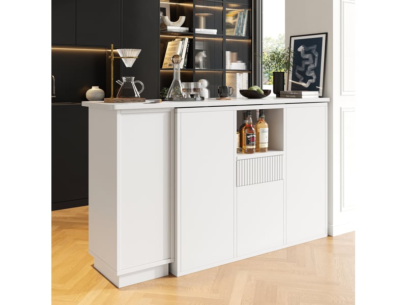  Bar rotatif 360° îlot l210 x p30 x h100,9 cm convertible lligne, grand rangement, plateau effet marbre, mdf blanc  - Conforama E