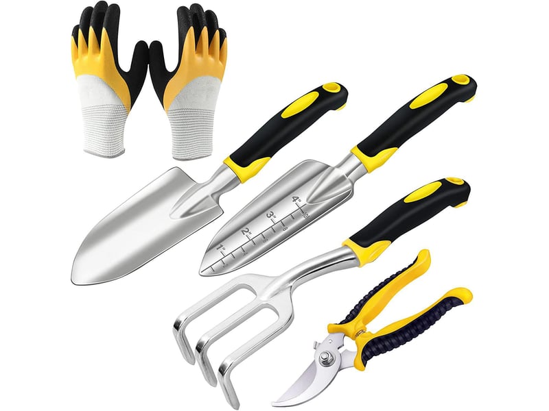  Crochets muraux outils de jardinage, 5 pièces kit outils jardinage adulte en aluminium antirouille, outils de jardin avec sécateur, fourchette, transplanteur, jaune  - Conforama A