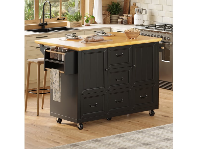 Îlot de cuisine mobile 120 x 4573 x 93 cm, 5 tiroirs, 2 portes, mdf et métal, noir - Conforama D