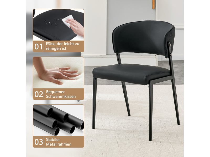  Chaise de salle à manger avec dossier ergonomique et pieds métal  - assise rembourrée simili cuir noir  - Conforama E