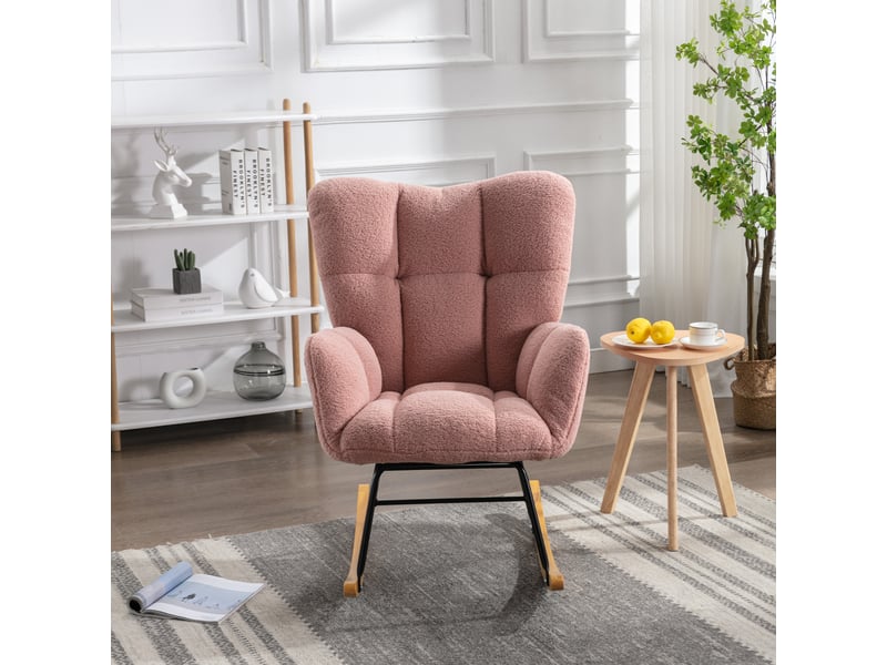  Fauteuil à bascule rose en tissu teddy avec dossier capitonné, pieds en bois et cadre en métal, 80x70x95 cm  - Conforama D