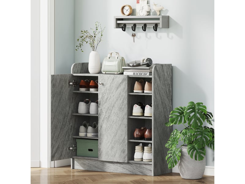  Meuble à chaussures avec espace pour 12 paires de chaussures avec 2 portes et 4 compartiments ouverts pour l'entrée en gris  - Conforama B