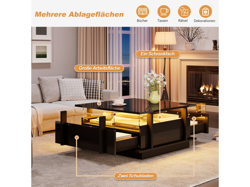  Table basse de salon, avec éclairage led, 70 x 70 x 35 cm, avec 2 tiroirs, coloris transparent et noir, pour salon, pour usage quotidien  - Conforama E