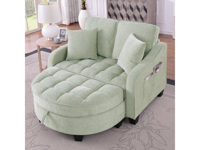  Canapé convertible 1 place, lit d’appoint 1 personne, 132x129x93 cm, canapé-lit 2 en 1, pouf de rangement, tissu chenille, bois d’eucalyptus, cyan  - Conforama B