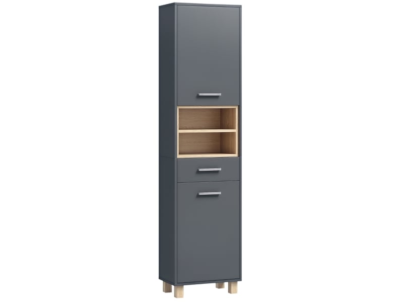  Colonne salle de bain, meuble salle de bain rangement avec 2 placards, tiroir et 2 compartiments ouverts, gris  - Conforama A