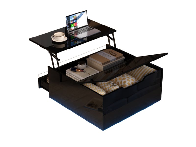 Table basse relevable led 70 x 70 cm, noir brillant, tiroir, rangement caché, portes rabattables, hauteur 38 cm - Conforama A