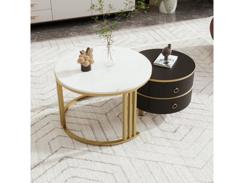 Lot de 2 tables basses rondes 70x70x46 cm + 50x50x40 cm motif marbre, noir et doré - Conforama B