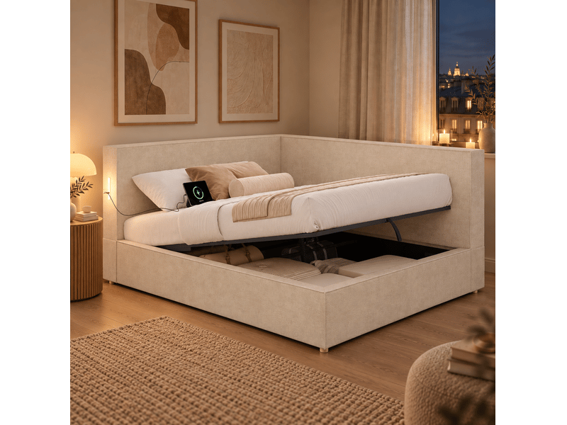  Lit banquette 140x190 cm, lit coffre avec rangement, led et usbtype-c, chenille beige, sans matelas  - Conforama W