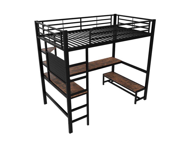 Lit mezzanine avec bureau, led, usb type-c et rangements, métal noir, 90x200 cm, sans matelas - Conforama E