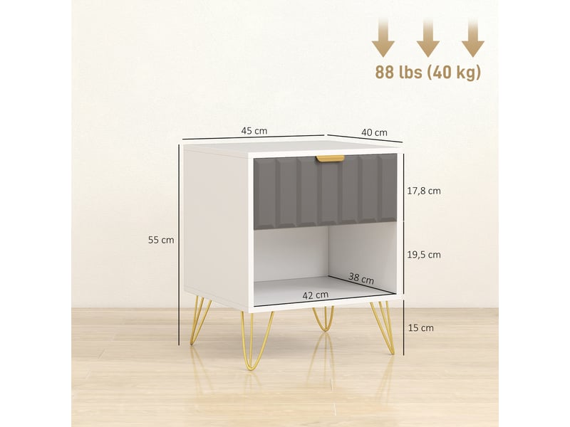  Table de chevet, table d'appoint compartiment ouvert, tiroir et poignée, pieds en acier, blanc, 45 x 40 x 55  - Conforama C