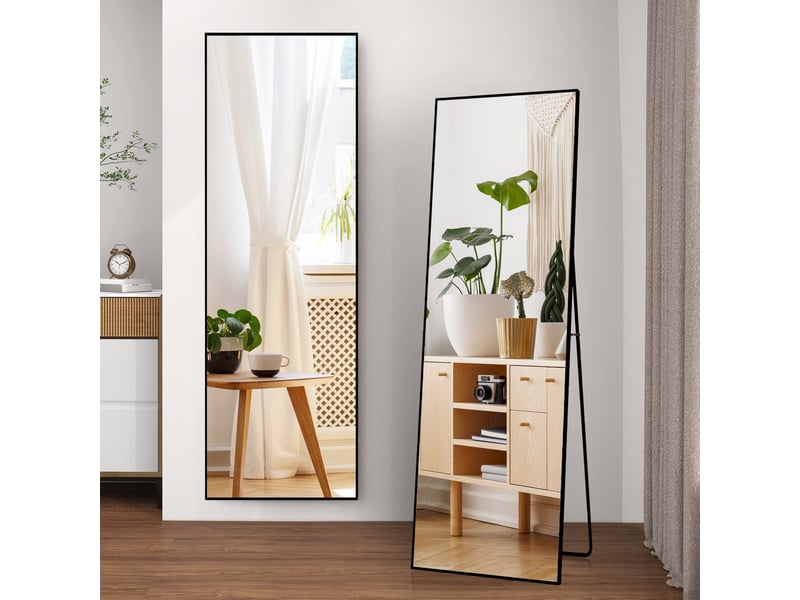  Miroir sur pied rectangulaire noir - 177x77cm - miroir psyché mural ou autoportant avec cadre en aluminium et verre trempé  - Conforama D