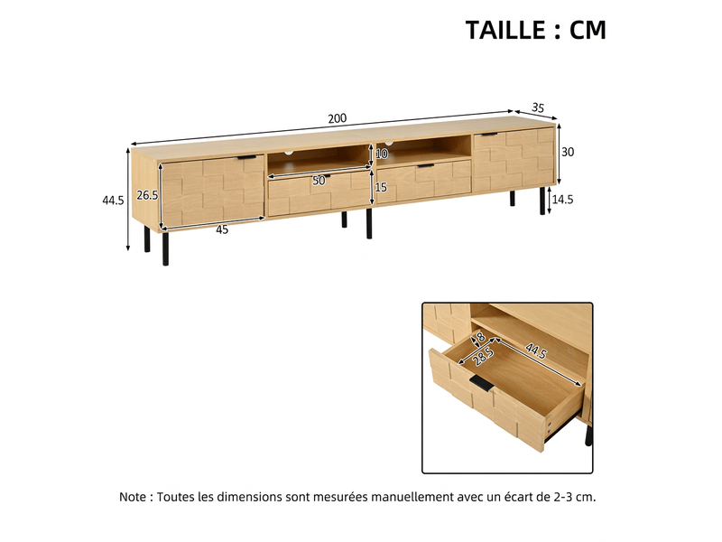  Meuble tv 200 cm bois naturel avec 2 tiroirs et 2 portes pour tv jusqu'à 80 pouces  - Conforama C