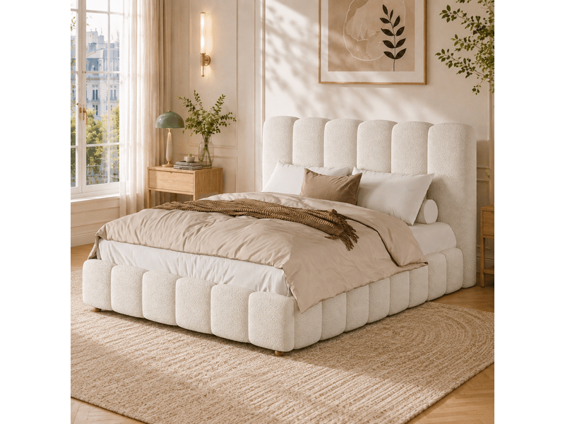  Lit coffre rembourré 140 x 200 cm en bouclé blanc, tête de lit à lignes verticales, sommier à lattes N634U0113W - Conforama D