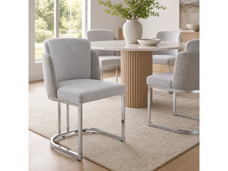  Lot de 4 chaises de salle à manger en chenille gris clair et argenté  - Conforama D