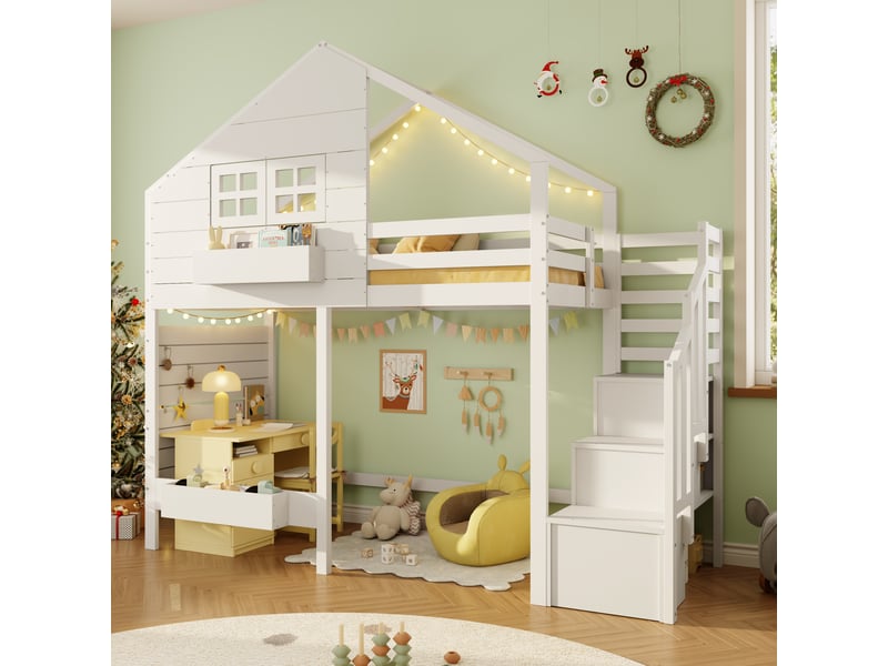  Lit superposé enfant 90 x 200 cm, escalier de rangement, garde-corps, fenêtre, bois massif, blanc evarich - Conforama E