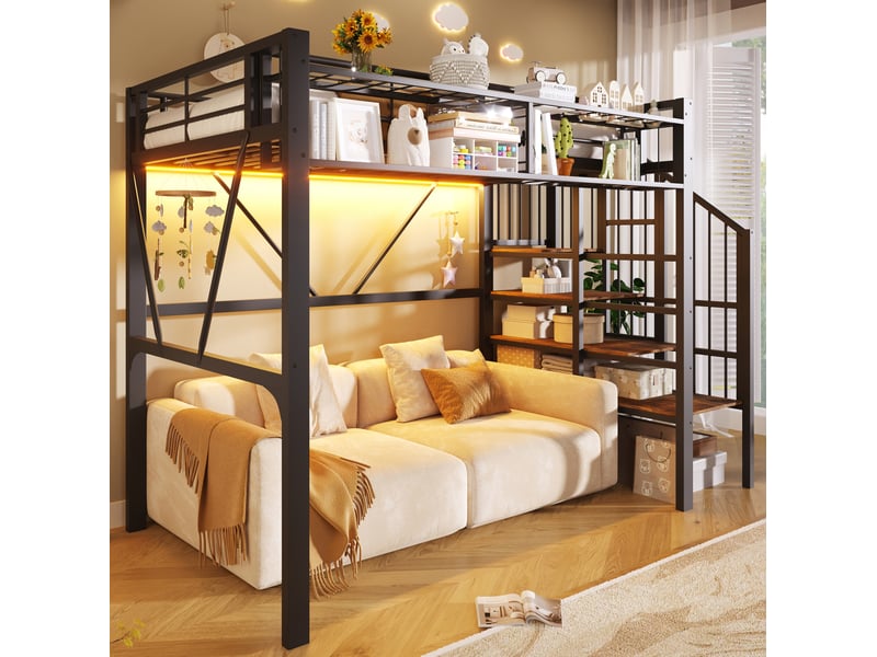 Lit mezzanine 90x200 cm avec rangements et led coloris noir  - Conforama E