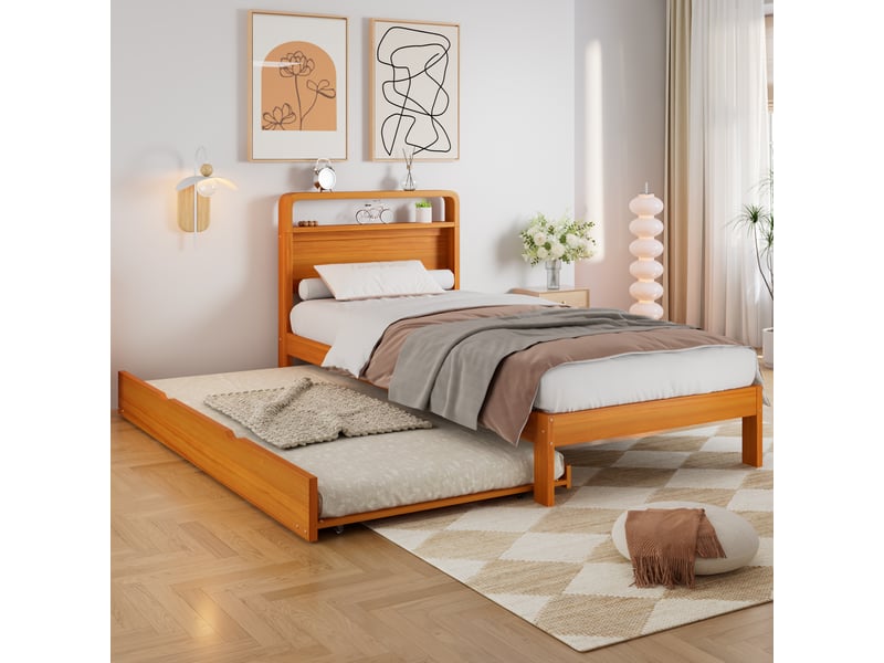  Lit en bois 90x200 cm avec lit gigogne 90x190 cm, naturel, tête arrondie, montage gauchedroite  - Conforama E