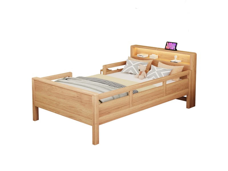  Lit enfant 90x200 cm avec led et ports usb type c en bois de pin coloris naturel  - Conforama A