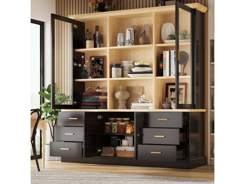  Buffet haut avec 6 tiroirs et portes vitrées, 140x40x185 cm, noir  - Conforama B
