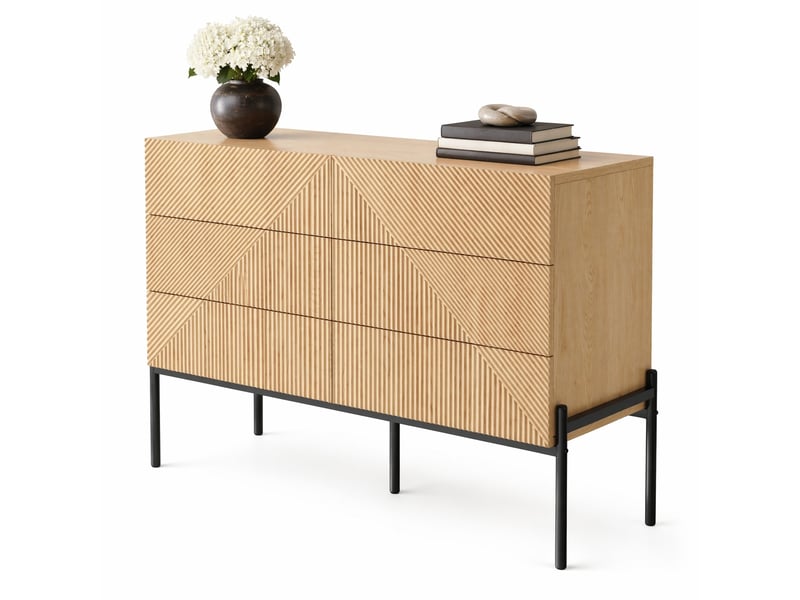  Commode 6 tiroirs façade géométrique 3d avec rangement - lpospi - coulisses silencieuses, pieds métal, mdf - naturel  - Conforama A