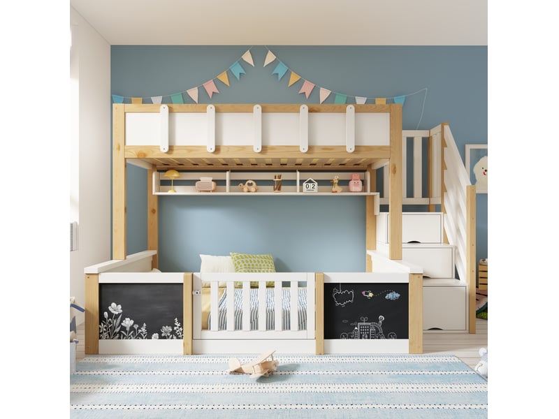  Lit superposé 90x200 et 140x200 cm, rangement, blanc et bois naturel  - Conforama E