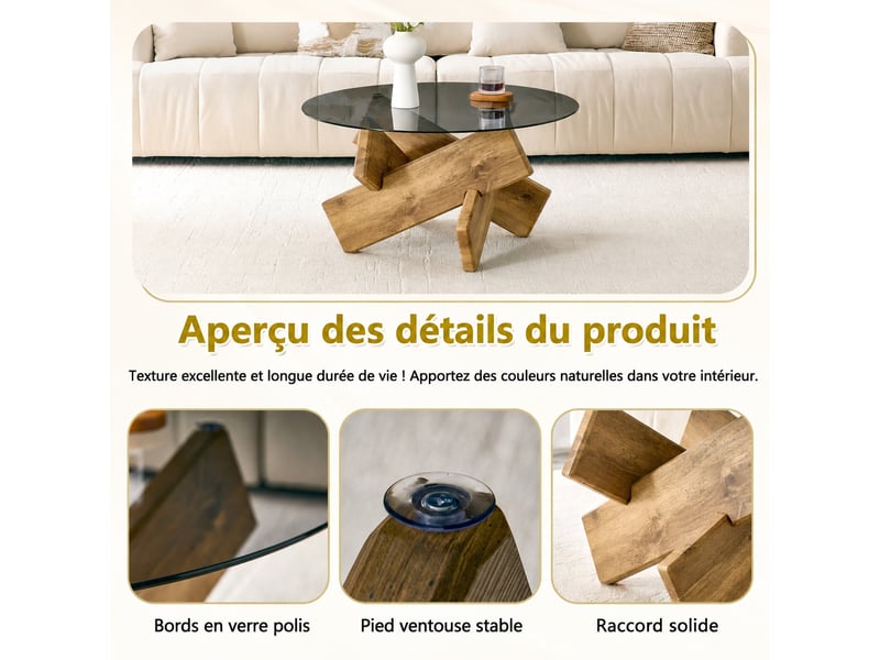  Table basse ronde en verre, diametre 79 cm hauteur 45 cm, table de salon moderne avec pietement geometrique aspect bois  - Conforama E