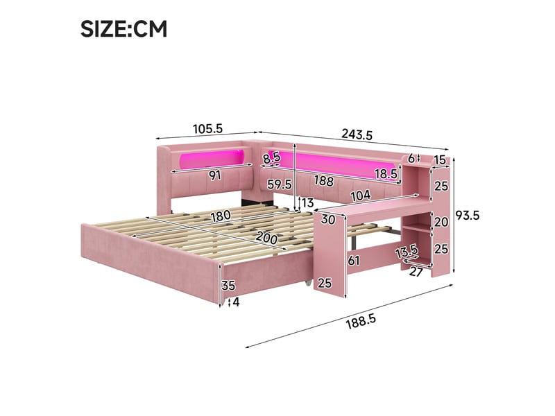  Lit jeune, lit gigogne 90x200180x200, avec bureau, led et usb en mdf, coloris rose  - Conforama C