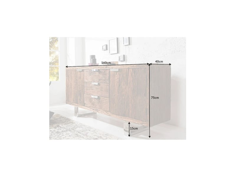 Buffet rafta 160 cm en bois massif de teck – 2 portes, 3 tiroirs et pieds en acier argenté - Conforama C