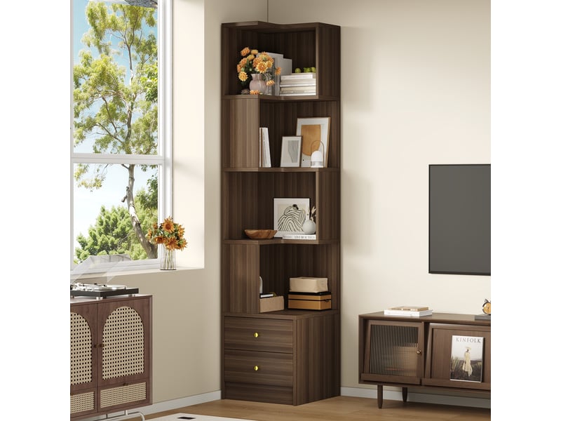  Bibliothèque d'angle en l - 45x43.5x180cm - meuble d'angle led rvb connecté app, 4 niches ouvertes et 2 tiroirs - marron  - Conforama B