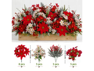 Fleurs de noël artificielles 23 pièces, poinsettias et petites roses rouges avec baies et branches de pin