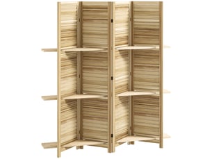 Paravent intérieur en bois 4 panneaux 160 x 170 cm, séparateur de pièce pliable avec 3 étagères, bois naturel