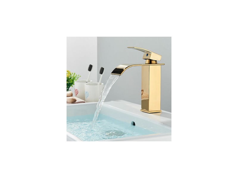  Robinet de salle de bain design moderne, couleur or, durable, contrôle de l'eau chaude et froide - profil bas de 18 cm HRC0000416TBY - Conforama E