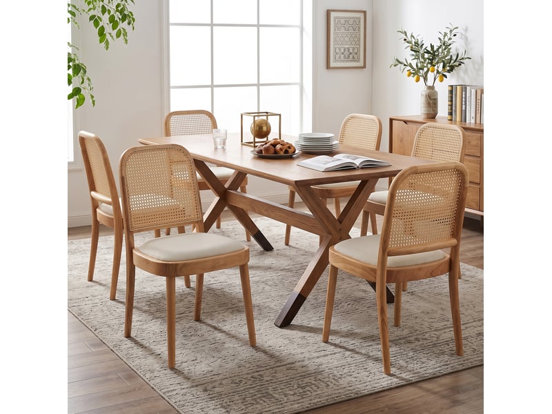  Lot de 2 chaises de salle à manger avec dossier en rotin et assise rembourrée en lin, bois couleur bois  - Conforama D