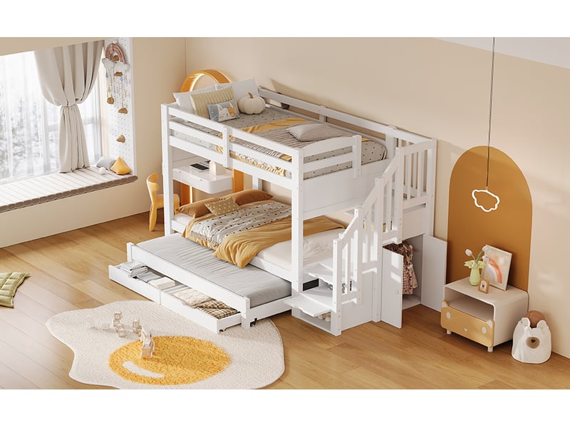  Lit superposé enfant 2 places 90×200 cm et 90×190 cm, lit gigogne, 2 tiroirs  - sans matelas, bois blanc  - Conforama E