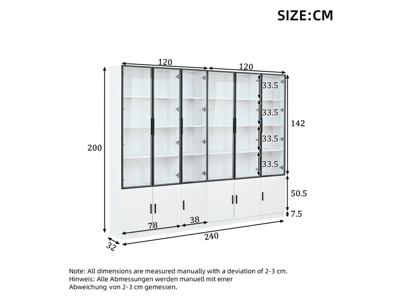  Vitrine haute 240x32x200 cm blanche avec 12 portes en verre et éclairage led  - Conforama C