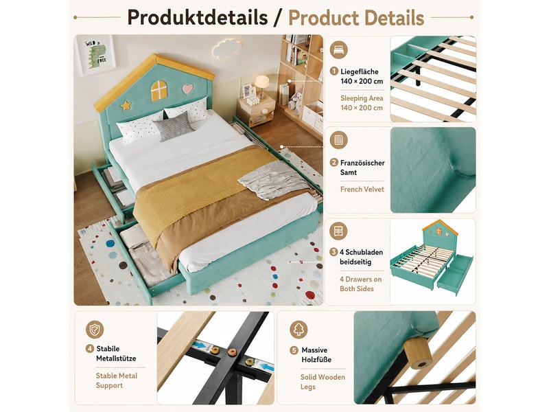  Lit cabane enfant 140x200 cm bleu en velours, lit rembourré avec tête maison, 4 tiroirs de rangement  - Conforama B