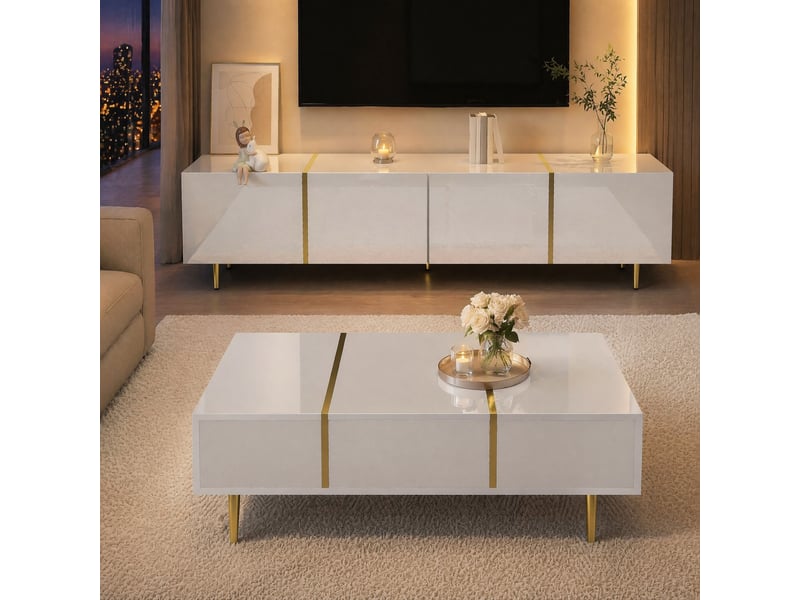  Ensemble meuble tv 4 portes et table basse 2 tiroirs pour salon en mdf blanc 170×35×46 cm  - Conforama B