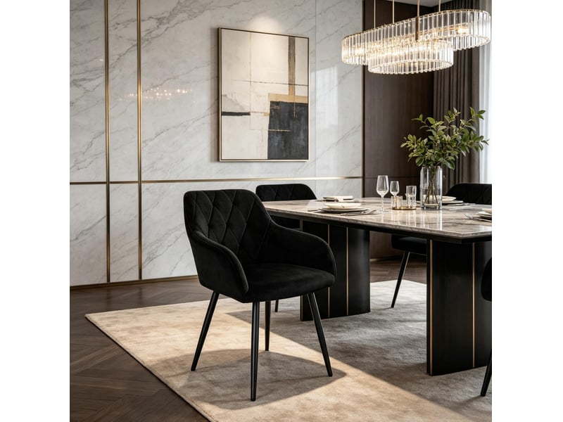  Chaise de salle à manger avec accoudoirs, assise rembourrée en velours noir et pieds en métal  - Conforama B