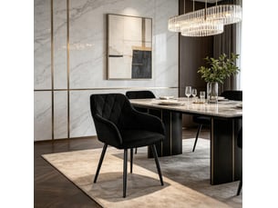 Chaise de salle à manger avec accoudoirs, assise rembourrée en velours noir et pieds en métal