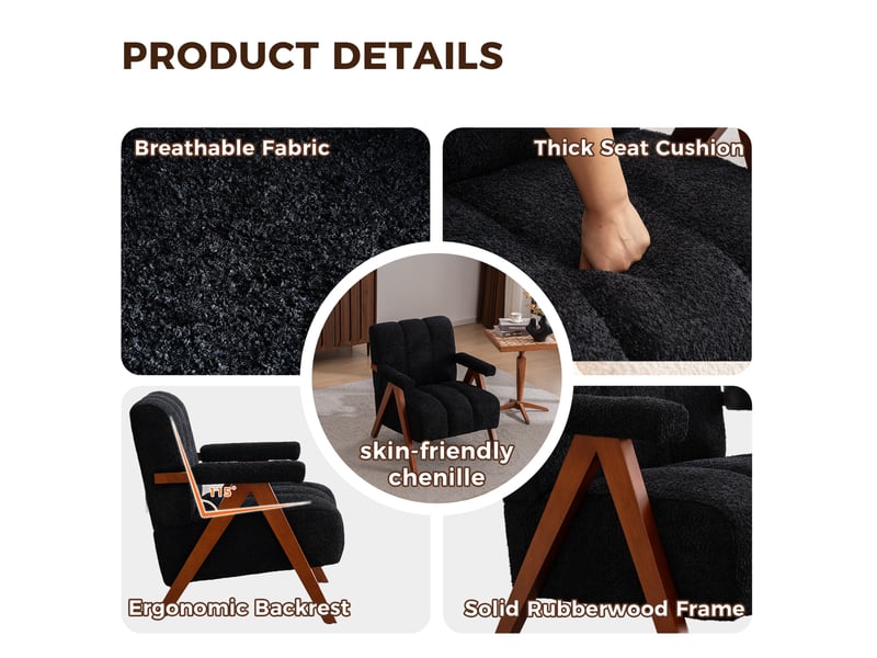  Fauteuil de salon 77x68,4x77 cm, accoudoirs courbés, structure en bois, tissu chenille, couleur noir, design moderne  - Conforama D