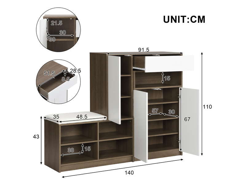  Meuble à chaussures avec assise rembourrée, portes sans poignées, étagères réglables pour entrée, 140 × 35 × 110 cm  - Conforama E