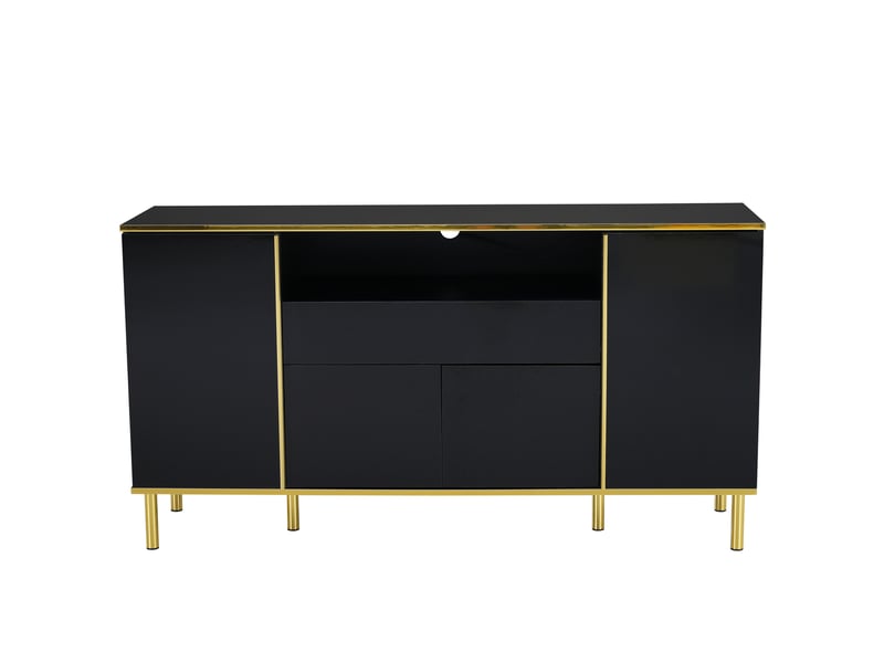  Sideboard 150x40x80 cm, finition brillante, 4 portes, 1 tiroir, mdf et panneau de particules, noir  - Conforama A