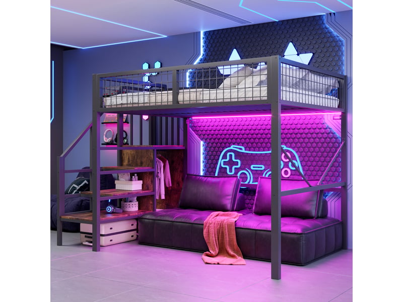  Lit mezzanine 140x200 cm en métal avec échelle de rangement, éclairage led, garde-corps sécurisé et espace bureau ou canapé sous le lit - noir  - Conforama B