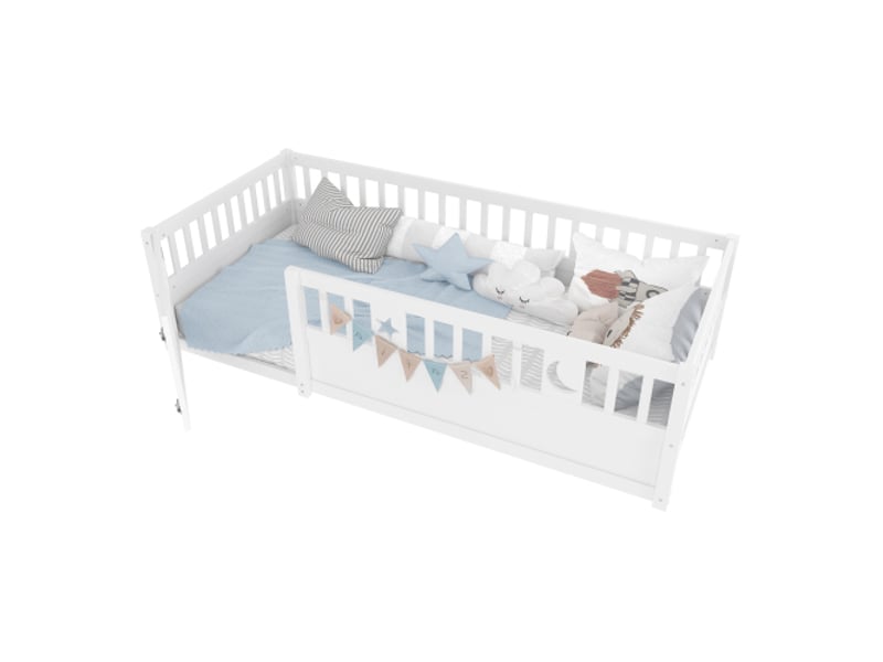  Lit enfant blanc 90x190 cm – barrières de sécurité et décor étoiles et lune  - Conforama A
