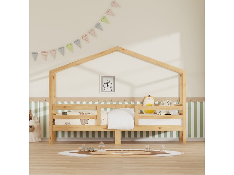  Lit cabane enfant 90x200 en pin massif - barrière de sécurité et sommier inclus  - Conforama E